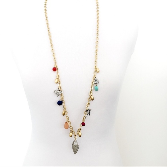 Gold Tone Chico's Layer Necklace Charm Pendants Heart Bee Ladybug‎ - Picture 2 of 4